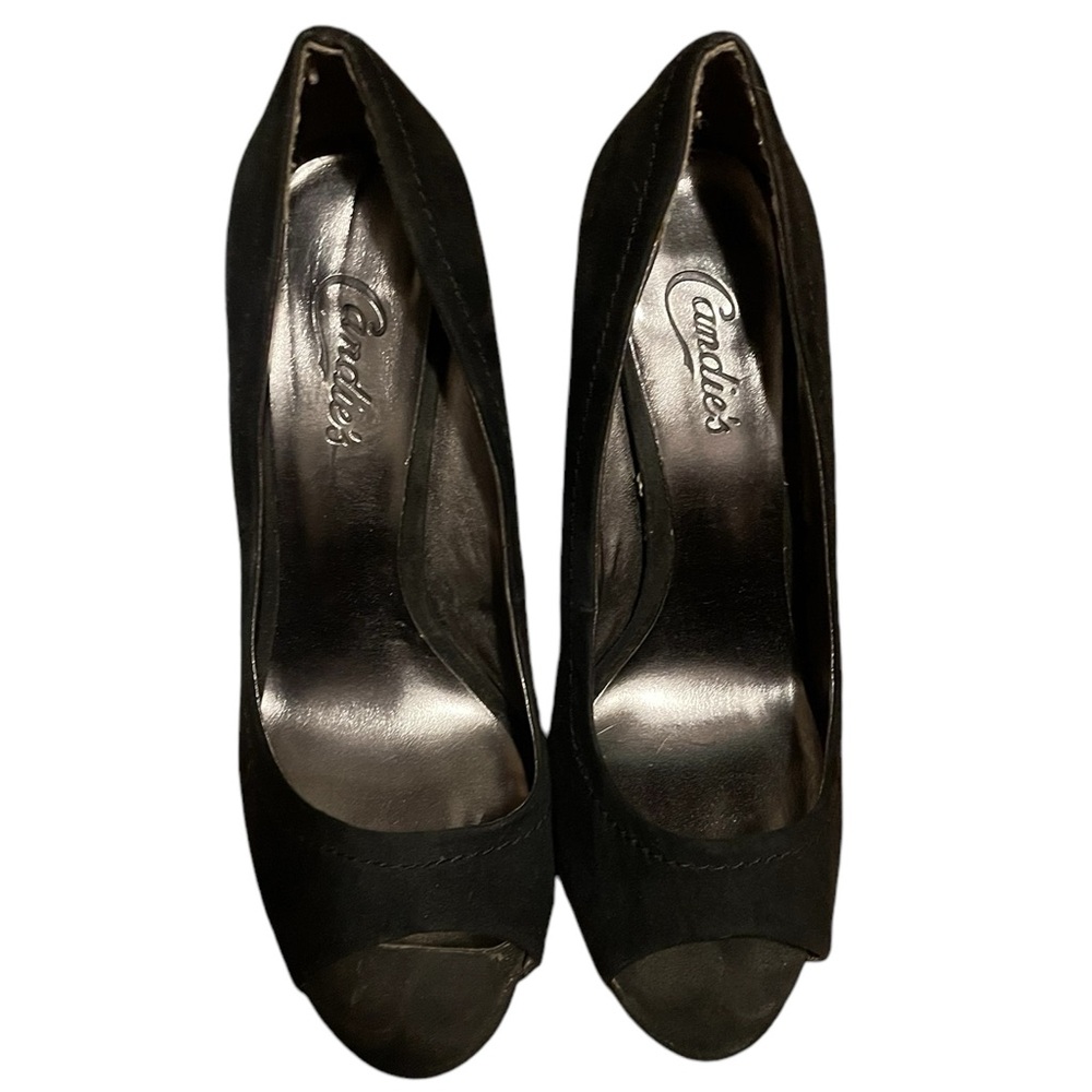 EUC Candies black suede open toed heels